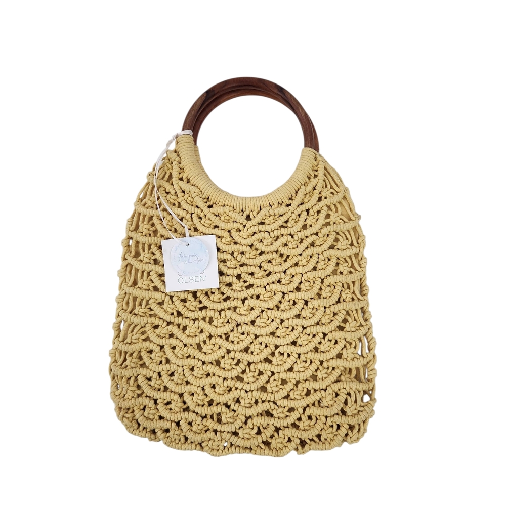 New Sigrid Olsen Macrame Handbag Wood Handle Neutral Beachy Resortwear Summer